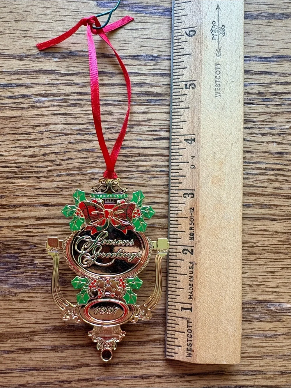 1997 Brass Door Knocker Seasons Greetings Baldwin Christmas ornament